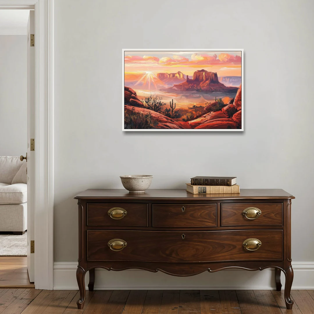 Sedona Sunrise Over Mesa - White Framed Canvas Wall Art - Coffee Table - 36x24