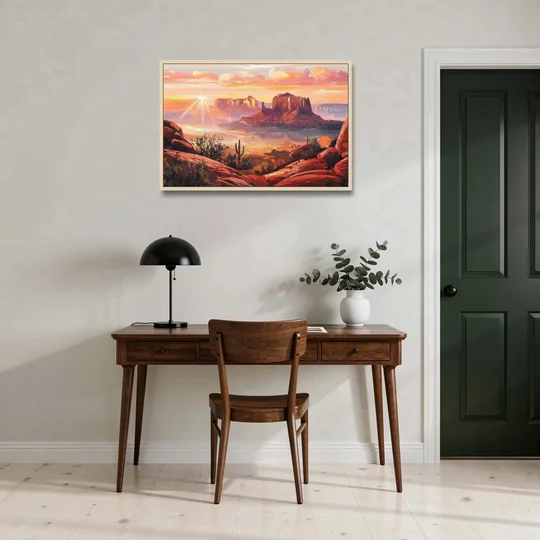 Sedona Sunrise Over Mesa - Oak Framed Canvas Wall Art - Office - 36x24