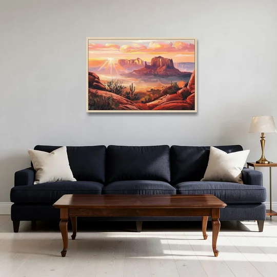 Sedona Sunrise Over Mesa - Oak Framed Canvas Wall Art - Sofa - 36x24