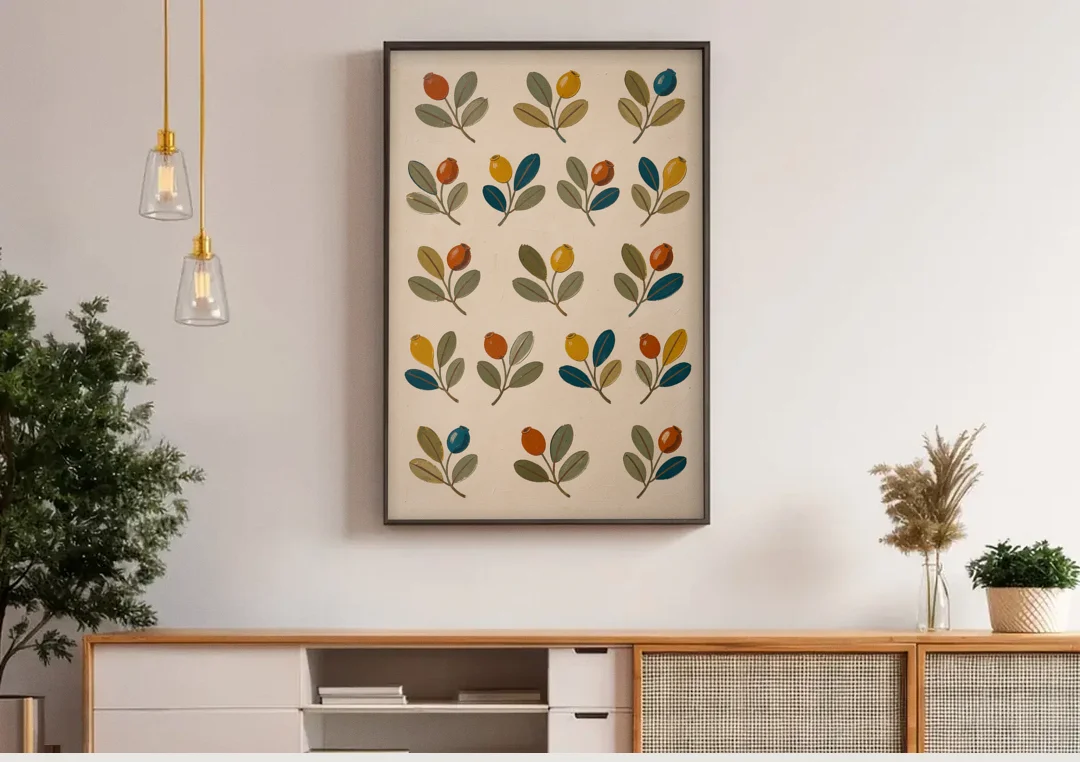 Seed Pods and Sage Leaves on Cream canvas wall art above a wooden sideboard under pendant lights