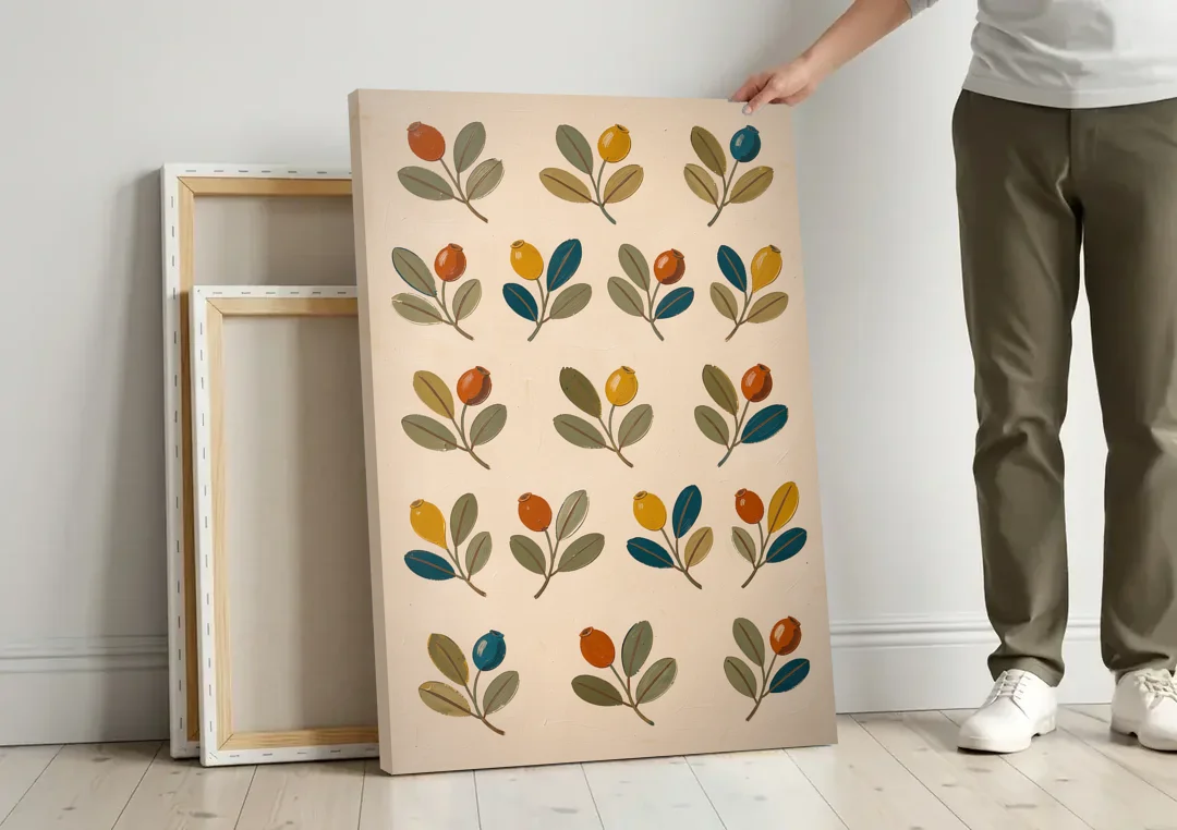 Seed Pods and Sage Leaves on Cream canvas wall art leaning against a wall next to blank canvases