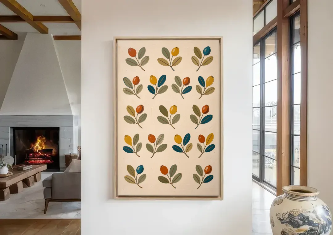 Seed Pods and Sage Leaves on Cream canvas wall art in a living room with a fireplace