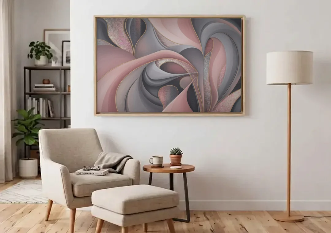 Serenade of Elegance Pink and Grey Abstract canvas wall art above an armchair in a bright living room