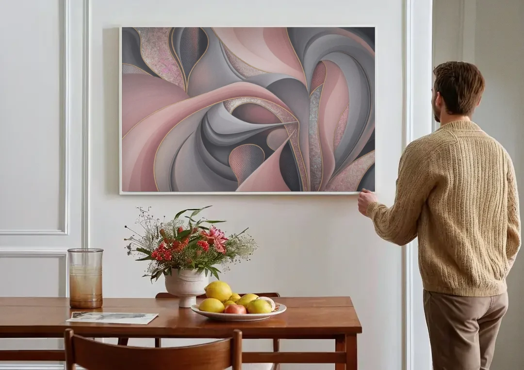 Serenade of Elegance Pink and Grey Abstract canvas wall art above a dining table