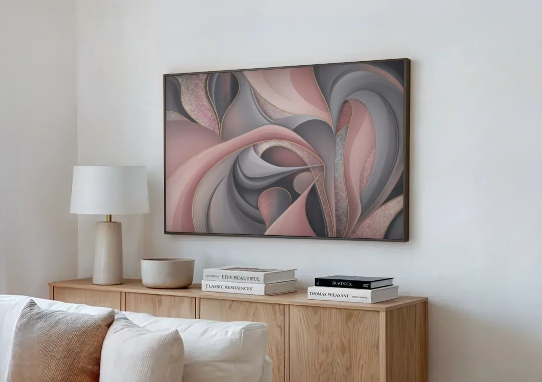 Serenade of Elegance Pink and Grey Abstract canvas wall art above a wooden sideboard next to a sofa