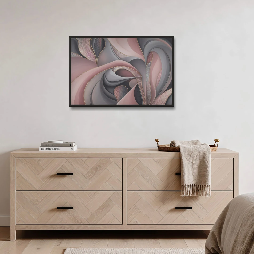 Serenade of Elegance Pink and Grey Abstract - Black Framed Canvas Wall Art - Coffee Table - 36x24