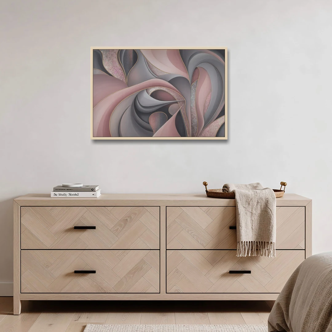 Serenade of Elegance Pink and Grey Abstract - Oak Framed Canvas Wall Art - Coffee Table - 36x24