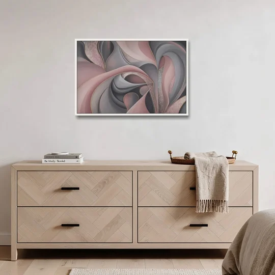 Serenade of Elegance Pink and Grey Abstract - White Framed Canvas Wall Art - Coffee Table - 36x24