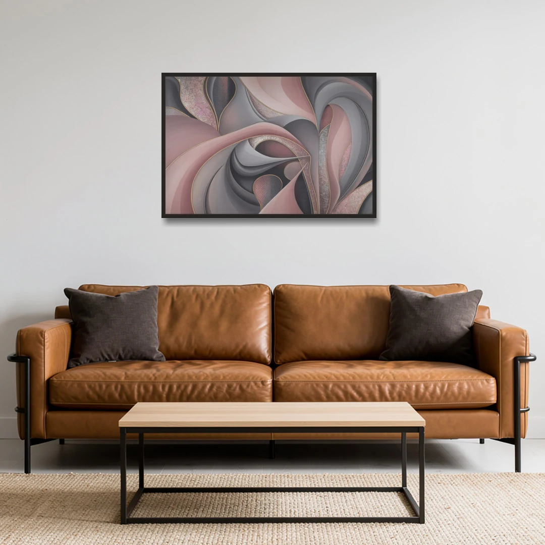 Serenade of Elegance Pink and Grey Abstract - Black Framed Canvas Wall Art - Sofa - 36x24