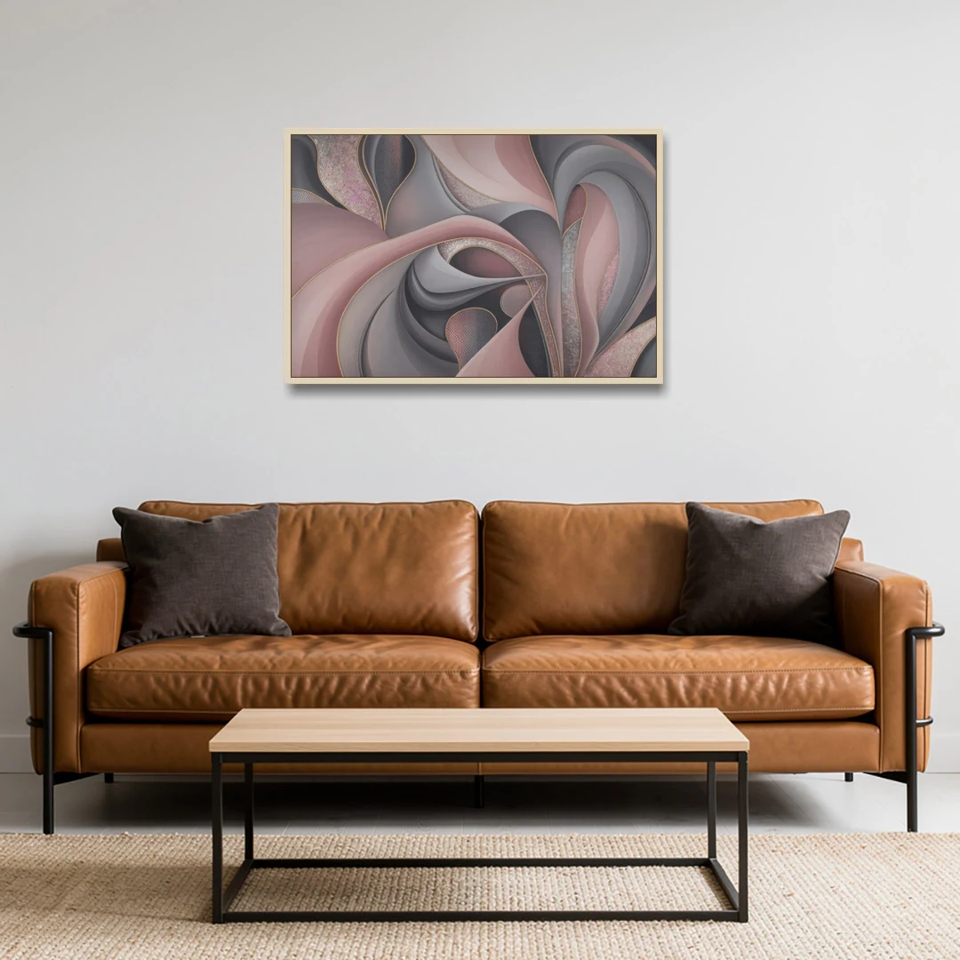 Serenade of Elegance Pink and Grey Abstract - Oak Framed Canvas Wall Art - Sofa - 36x24