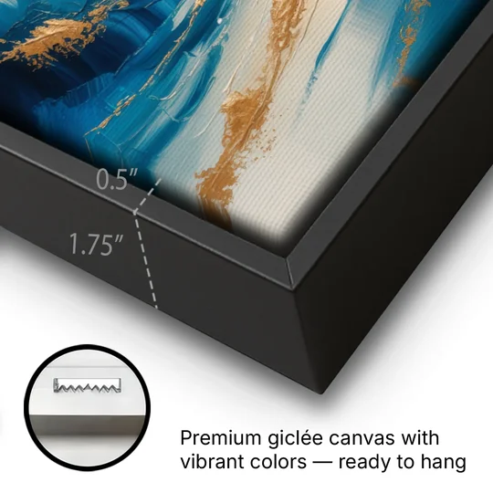 Serene Azure Elegance Blue and Gold Abstract - Black Framed Canvas Wall Art - Gallery Wrap Corner