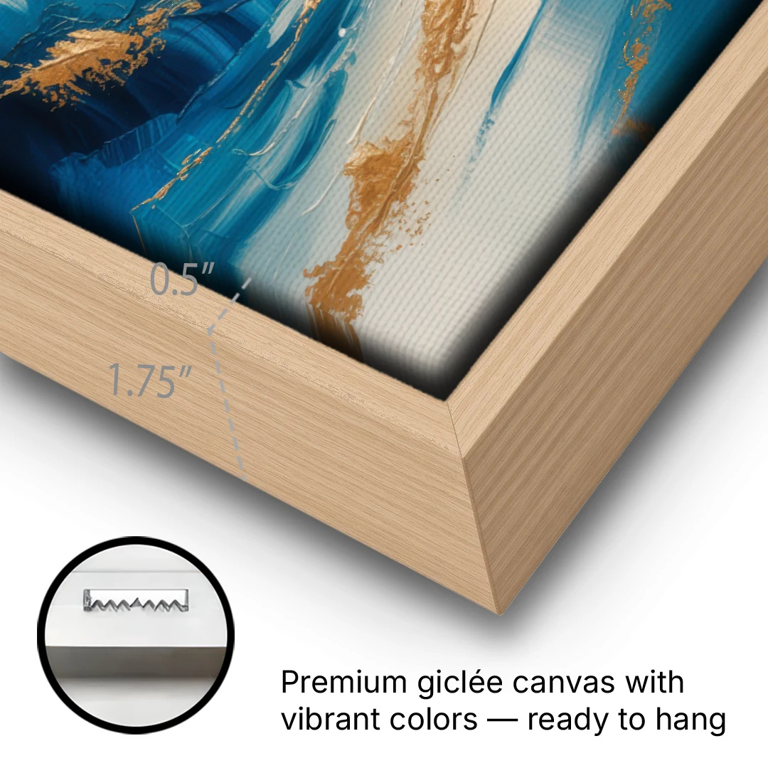 Serene Azure Elegance Blue and Gold Abstract - Oak Framed Canvas Wall Art - Gallery Wrap Corner
