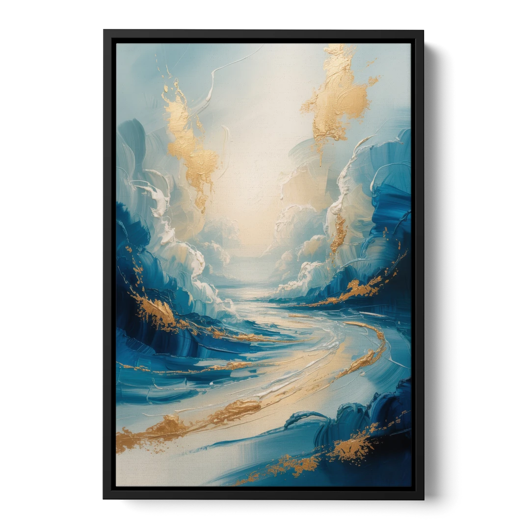 Serene Azure Elegance Blue and Gold Abstract - Black Framed Canvas Wall Art - Front