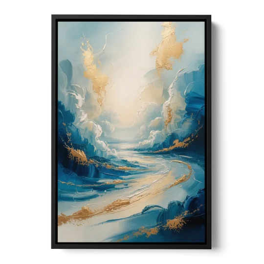 Serene Azure Elegance Blue and Gold Abstract - Black Framed Canvas Wall Art - Front