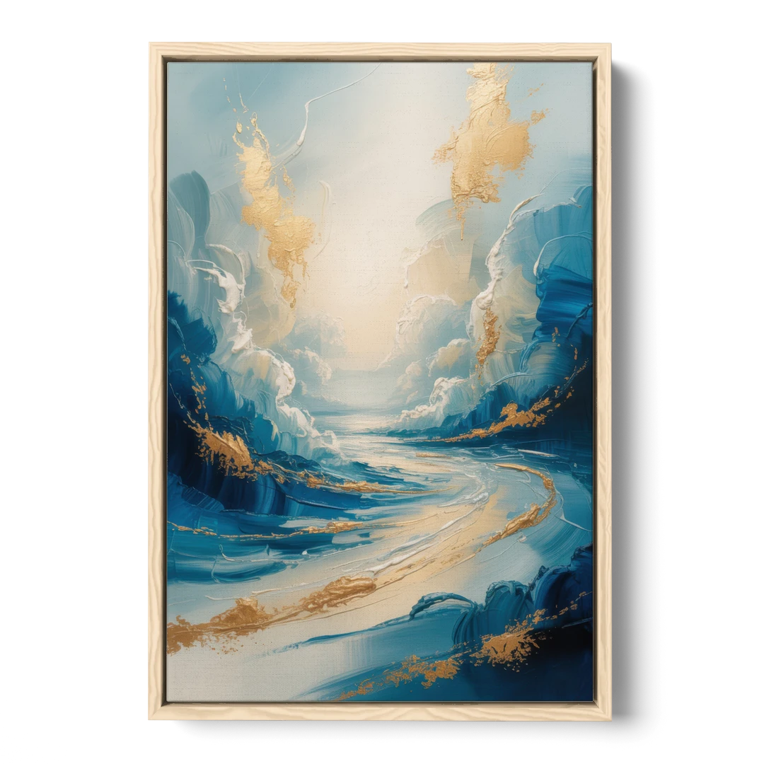 Serene Azure Elegance Blue and Gold Abstract - Oak Framed Canvas Wall Art - Front