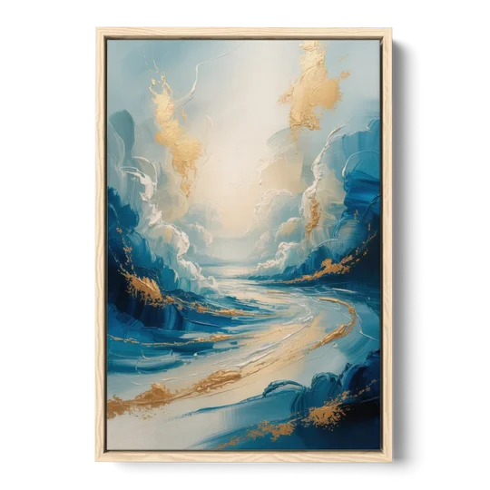 Serene Azure Elegance Blue and Gold Abstract - Oak Framed Canvas Wall Art - Front