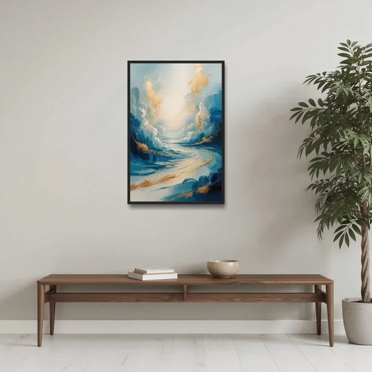 Serene Azure Elegance Blue and Gold Abstract - Black Framed Canvas Wall Art - Coffee Table - 24x36