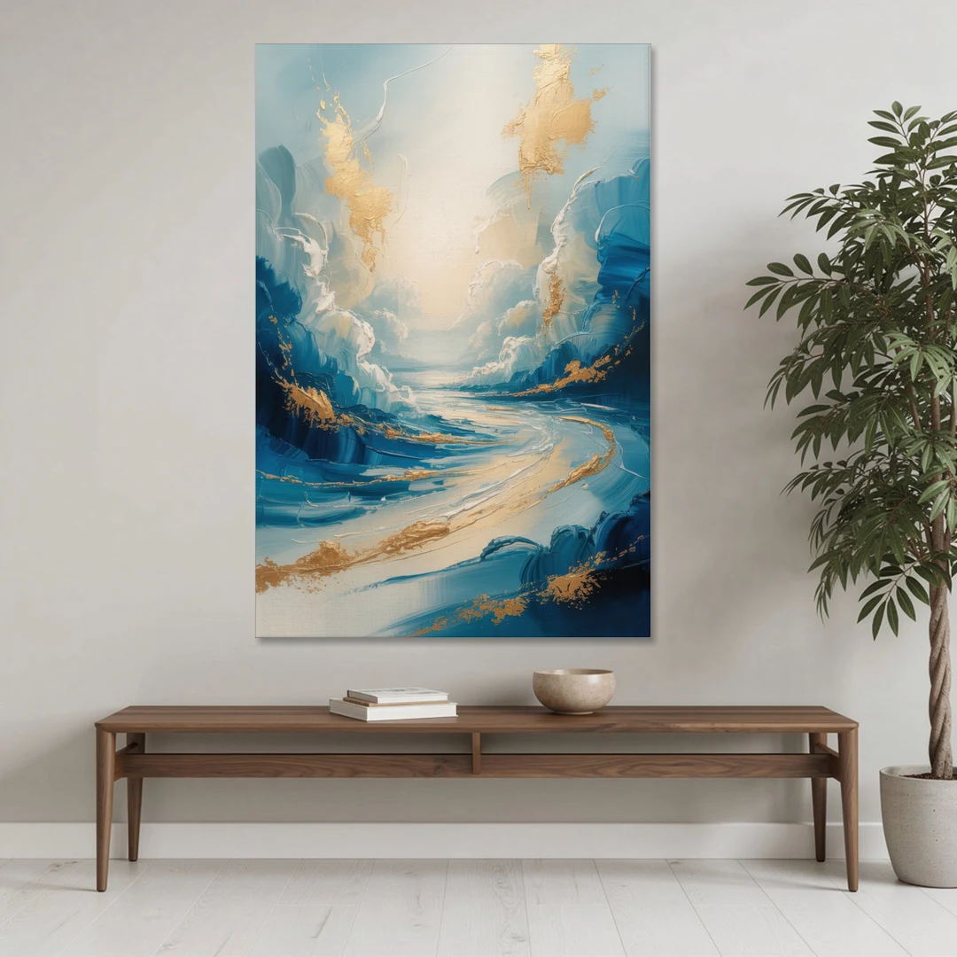 Serene Azure Elegance Blue and Gold Abstract - Canvas Wall Art - Coffee Table - 40x60