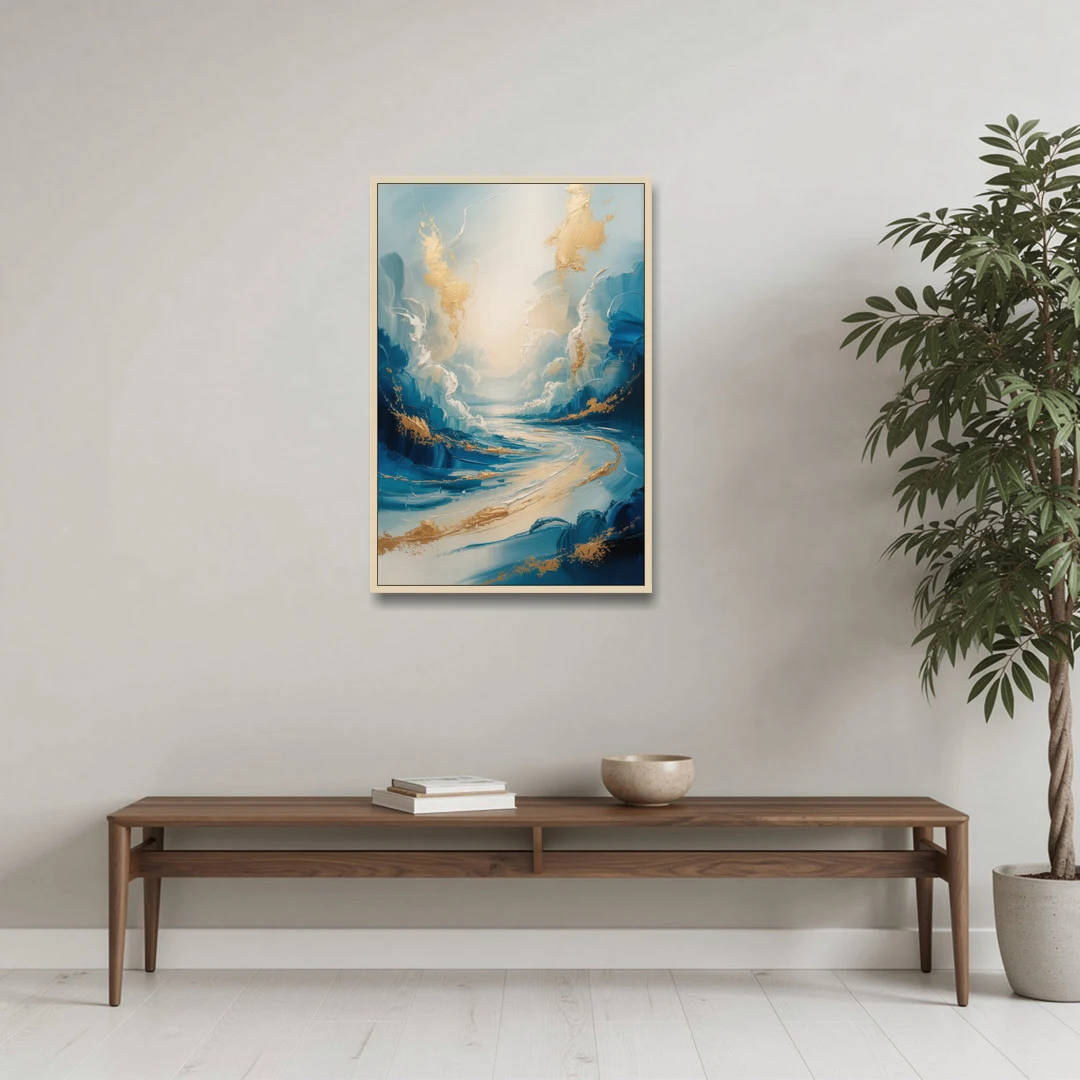 Serene Azure Elegance Blue and Gold Abstract - Oak Framed Canvas Wall Art - Coffee Table - 24x36