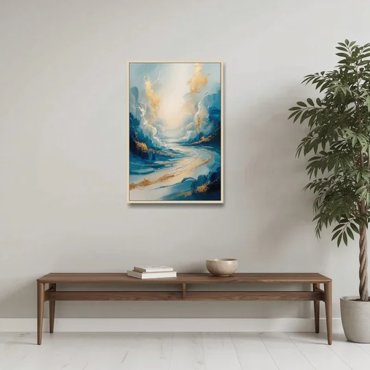 Serene Azure Elegance Blue and Gold Abstract - Oak Framed Canvas Wall Art - Coffee Table - 24x36
