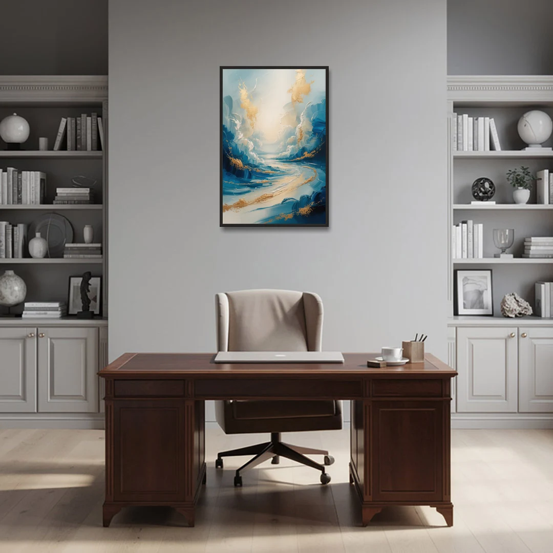 Serene Azure Elegance Blue and Gold Abstract - Black Framed Canvas Wall Art - Office - 24x36