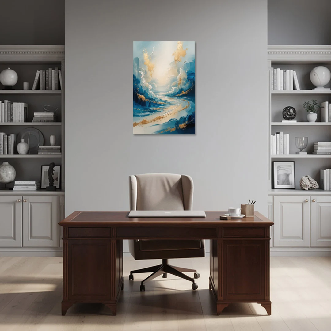 Serene Azure Elegance Blue and Gold Abstract - Canvas Wall Art - Office - 24x36