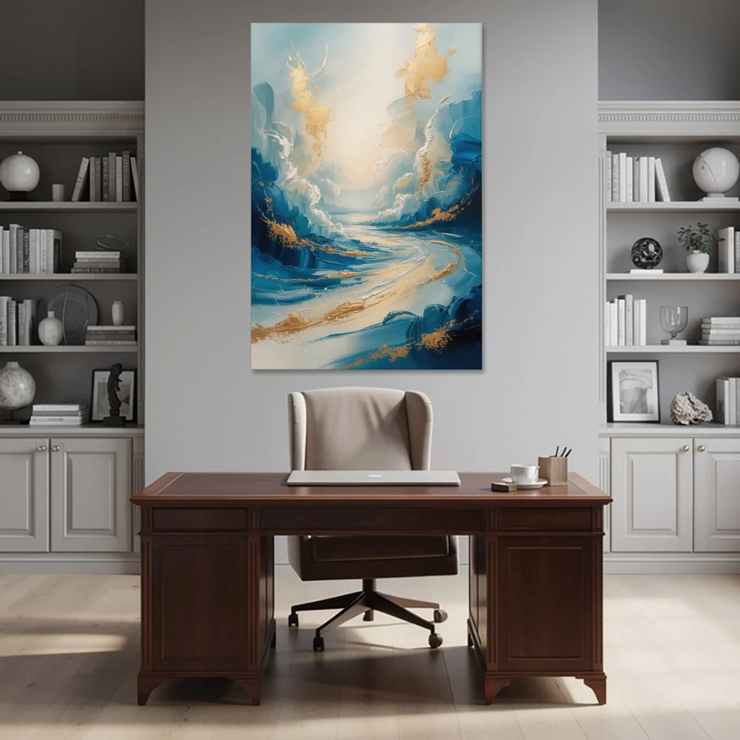 Serene Azure Elegance Blue and Gold Abstract - Canvas Wall Art - Office - 40x60