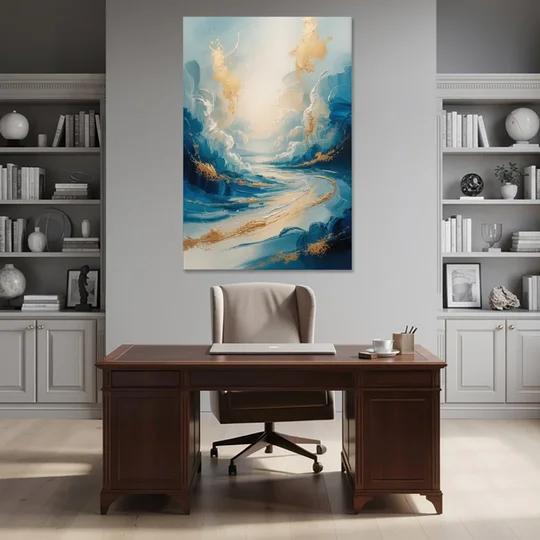 Serene Azure Elegance Blue and Gold Abstract - Canvas Wall Art - Office - 40x60