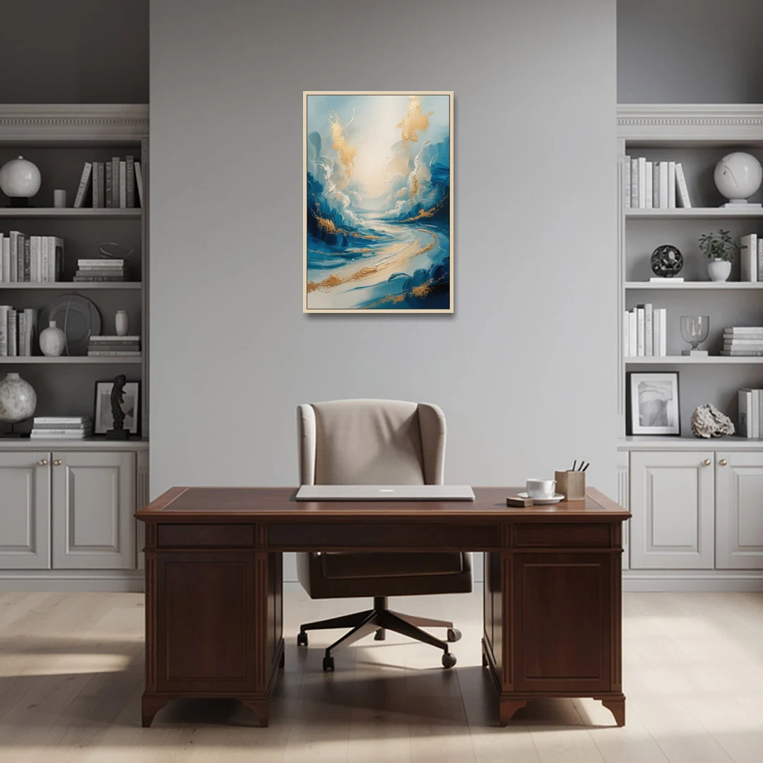 Serene Azure Elegance Blue and Gold Abstract - Oak Framed Canvas Wall Art - Office - 24x36