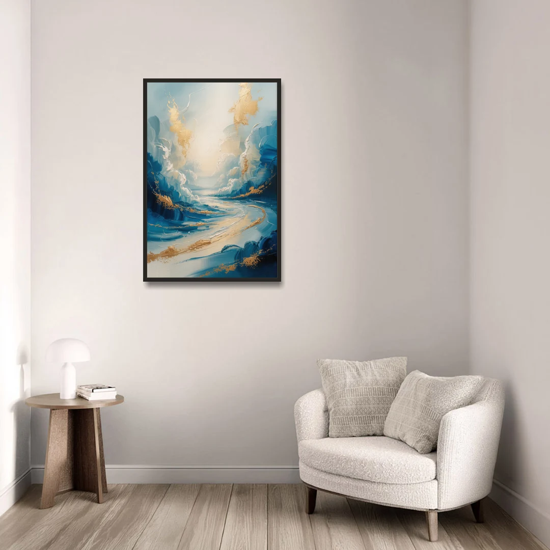 Serene Azure Elegance Blue and Gold Abstract - Black Framed Canvas Wall Art - Sofa - 24x36