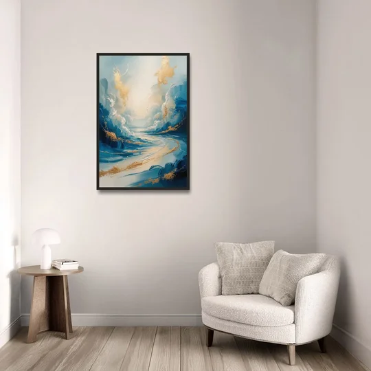 Serene Azure Elegance Blue and Gold Abstract - Black Framed Canvas Wall Art - Sofa - 24x36