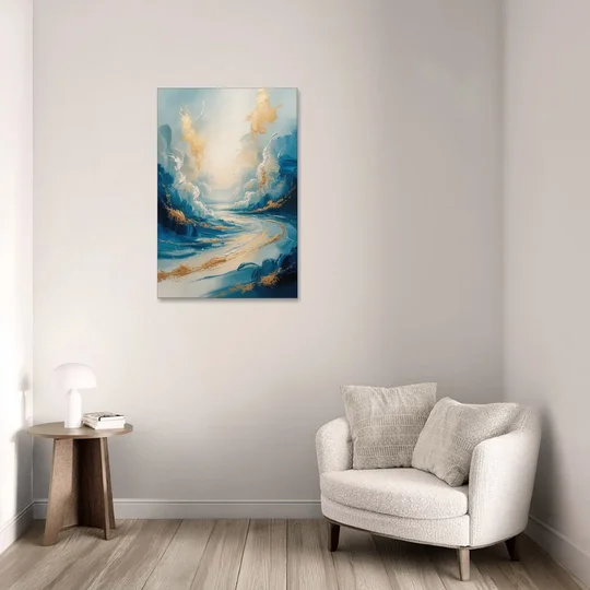 Serene Azure Elegance Blue and Gold Abstract - Canvas Wall Art - Sofa - 24x36