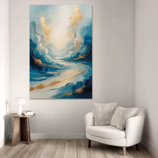 Serene Azure Elegance Blue and Gold Abstract - Canvas Wall Art - Sofa - 40x60