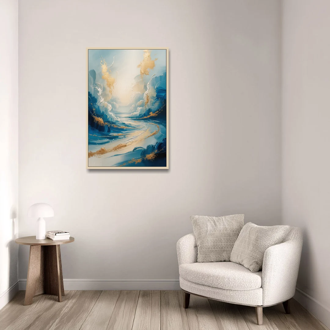 Serene Azure Elegance Blue and Gold Abstract - Oak Framed Canvas Wall Art - Sofa - 24x36