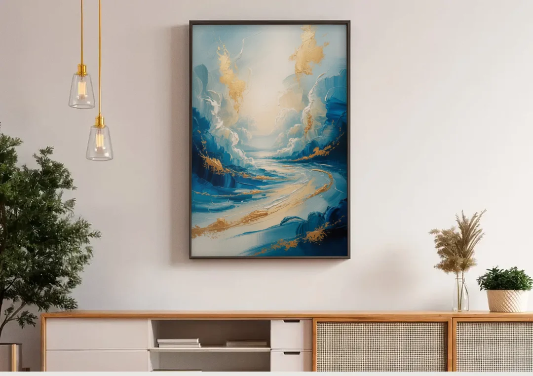 Serene Azure Elegance Blue and Gold Abstract canvas wall art above a wooden sideboard under pendant lights