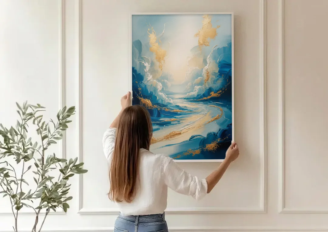 Serene Azure Elegance Blue and Gold Abstract canvas wall art being hung on a paneled wall