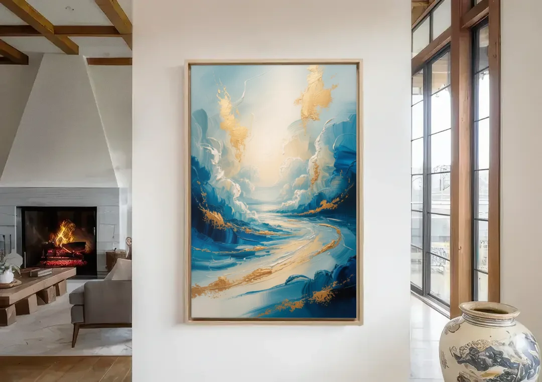Serene Azure Elegance Blue and Gold Abstract canvas wall art in a living room with a fireplace