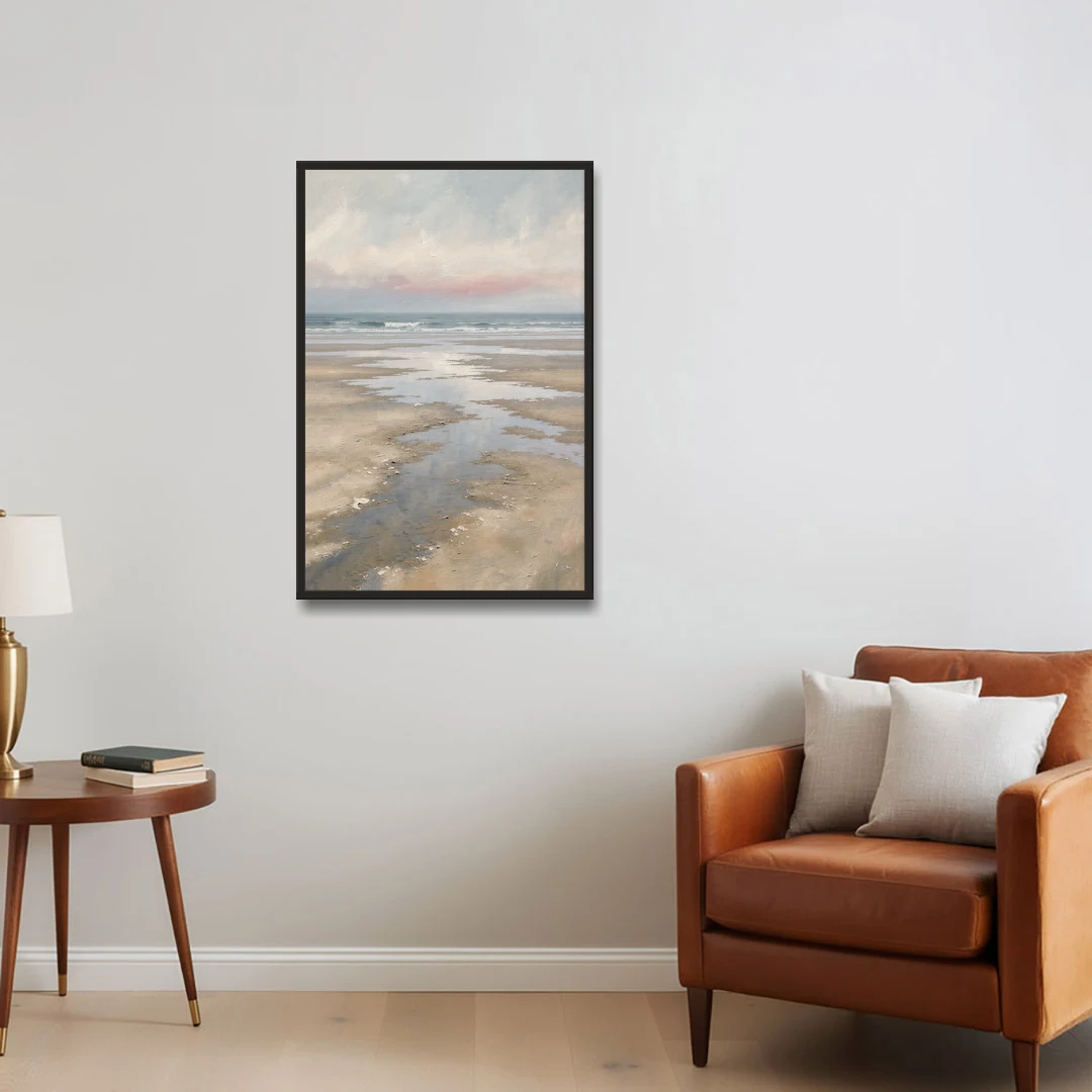 Serene Coastal Low Tide Mirror Pools - Black Framed Canvas Wall Art - Sofa - 24x36