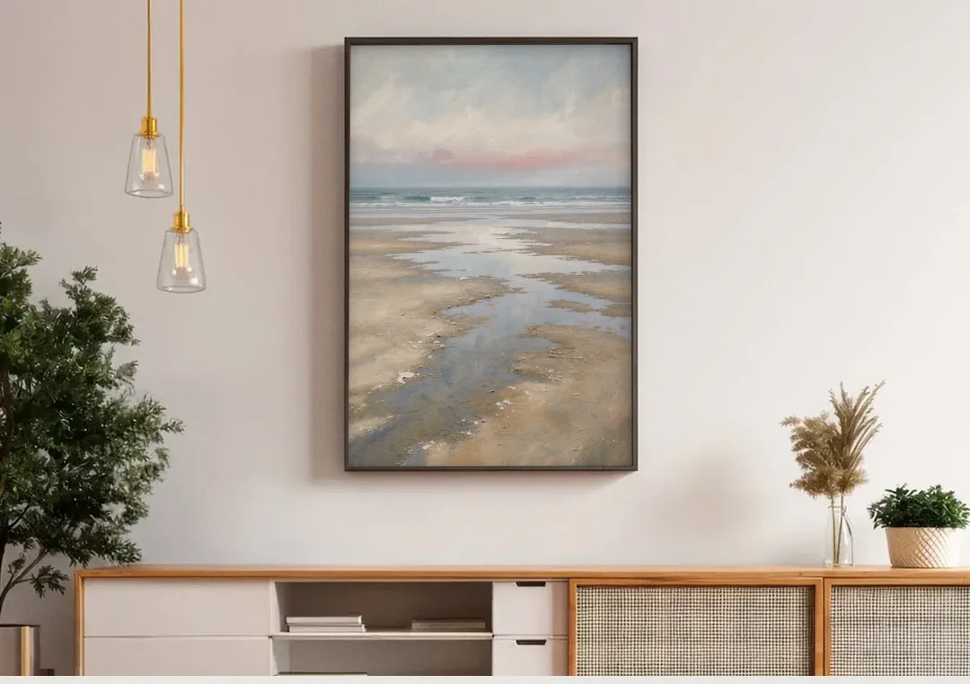 Serene Coastal Low Tide Mirror Pools canvas wall art above a wooden sideboard under pendant lights