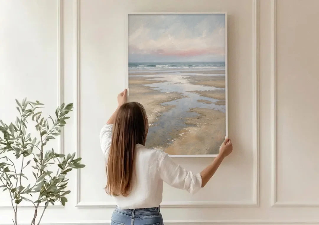 Serene Coastal Low Tide Mirror Pools canvas wall art being hung on a paneled wall