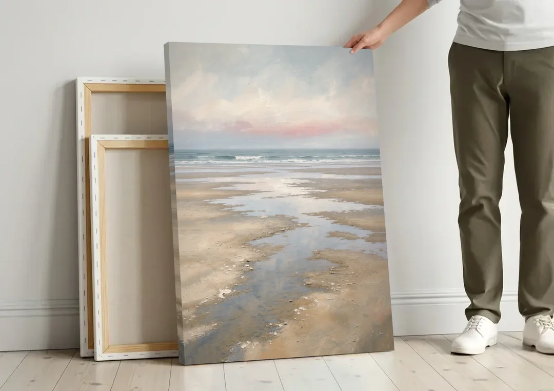Serene Coastal Low Tide Mirror Pools canvas wall art leaning against a wall next to blank canvases