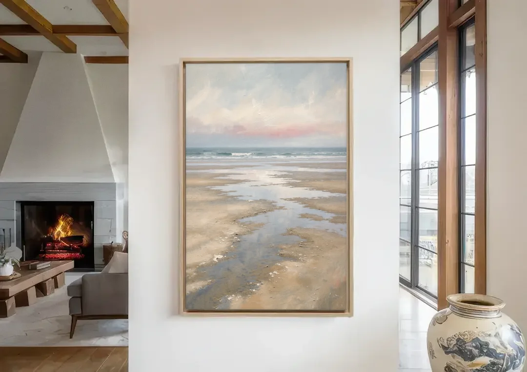 Serene Coastal Low Tide Mirror Pools canvas wall art in a living room with a fireplace