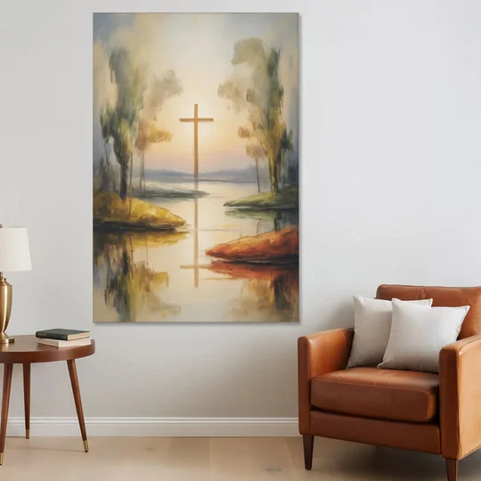 Serene Cross Landscape Abstract Christian - Canvas Wall Art - Sofa - 40x60