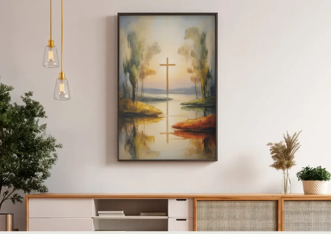 Serene Cross Landscape Abstract Christian canvas wall art above a wooden sideboard under pendant lights