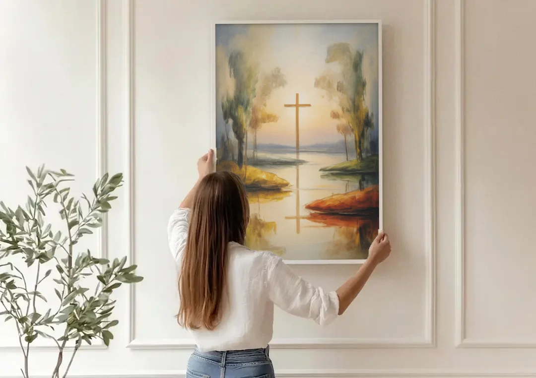 Serene Cross Landscape Abstract Christian canvas wall art being hung on a paneled wall