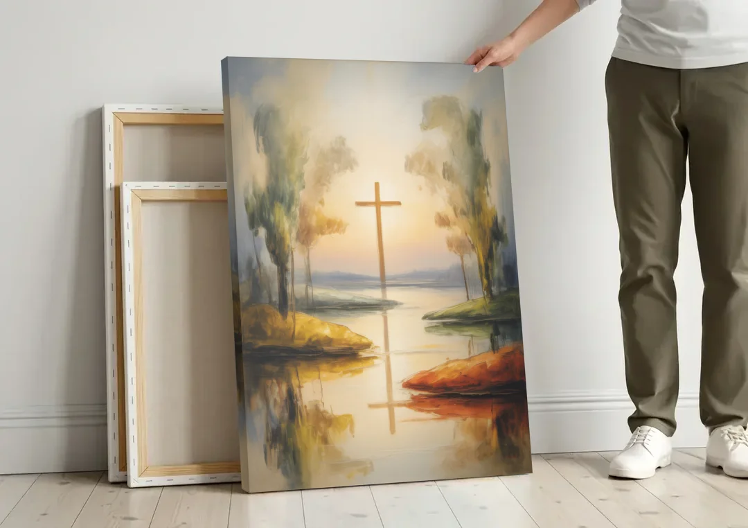 Serene Cross Landscape Abstract Christian canvas wall art leaning against a wall next to blank canvases