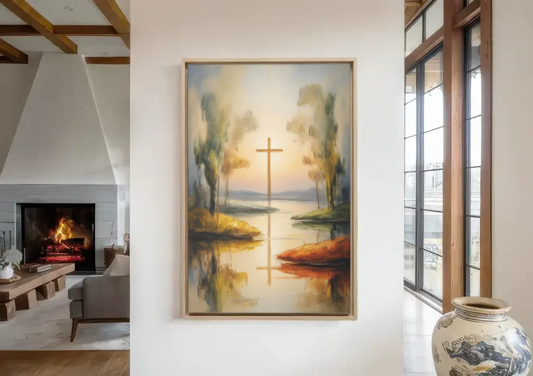 Serene Cross Landscape Abstract Christian canvas wall art in a living room with a fireplace