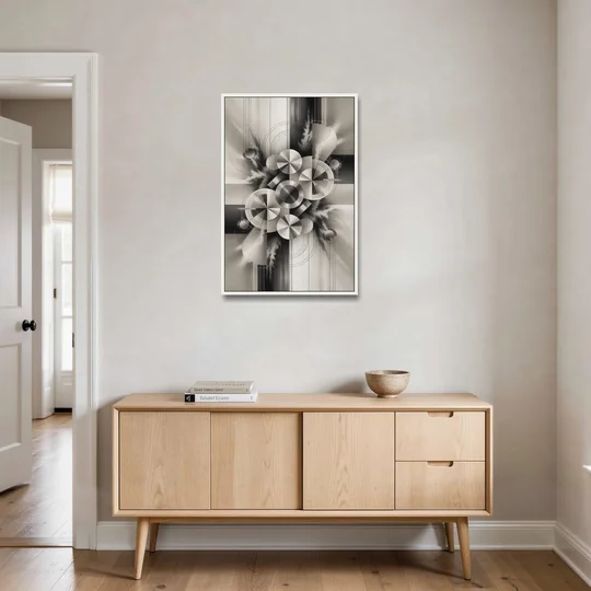 Serene Elegance Grey and White Abstract - White Framed Canvas Wall Art - Coffee Table - 24x36