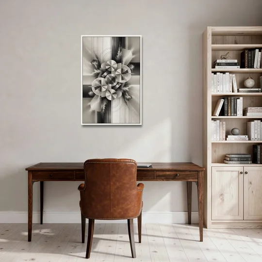 Serene Elegance Grey and White Abstract - White Framed Canvas Wall Art - Office - 24x36