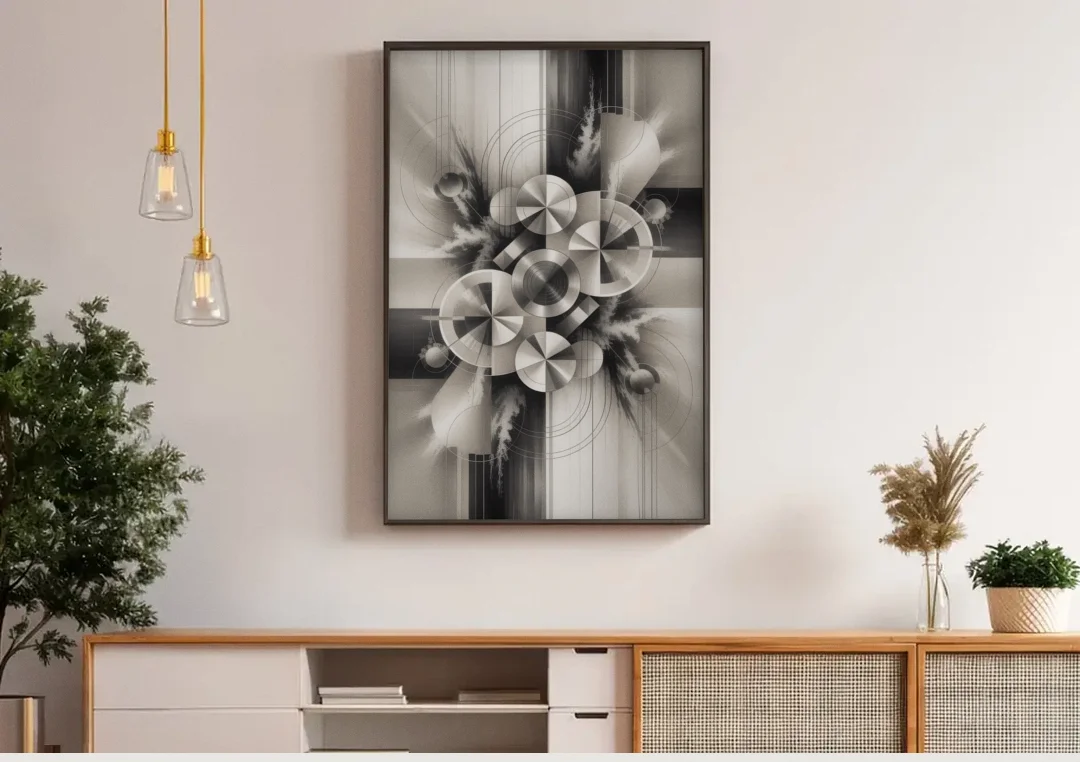 Serene Elegance Grey and White Abstract canvas wall art above a wooden sideboard under pendant lights